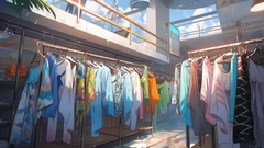 ブティック、夏っぽいアパレル店内の背景素材。7枚セット [AIな背景素材屋]