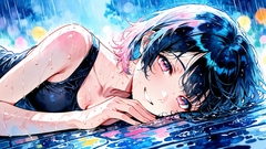 水彩画風の雨と少女