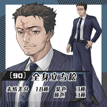 【立ち絵素材90】額に傷のあるスーツ中年男性(全身・髪色差分あり) [素材屋まるお]