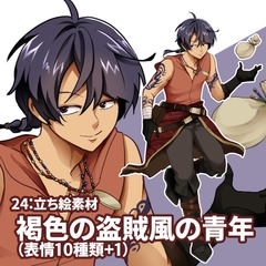 立ち絵素材 褐色の盗賊風の青年(表情10種類+1) [kei02factory]