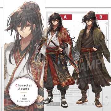 和装の男性(表情13種/返り血・包帯・刀セット) [立ち絵屋 らっこ]