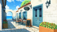 アニメ風カフェ通りの背景(昼・夕方・夜・雨・花火差分あり) [Novish Studio]