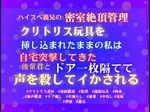 ハイスペ義兄の密室絶頂管理。クリトリス玩具を挿し込まれたままの私は、自宅突撃してきた後輩君とドア一枚隔てて声を殺してイかされる。