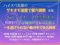 ハイスペ先輩のゲキオモ溺愛で蜜穴調教・後編。オフィスチェアM字拘束と、給湯室のナマ種付けプレスのあと、一生逃げられない檻の中で永久飼育 [あやかいちご]