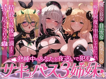 【三人同時責め】熟睡中のあなたを夜這いで犯すサキュバス三姉妹。優しい長女・甘々次女・元気な三女に一晩中何度も中出しをねだられ、精液を最後の一滴まで搾り尽くされる