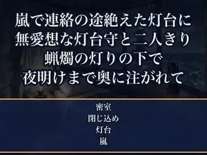 嵐で連絡の途絶えた岬の灯台に無愛想な灯台守と二人きり、電気も通わぬ一晩を蝋燭の灯りの下で体を寄せ合い夜が明けるまで奥まで注がれる取材ライターの話