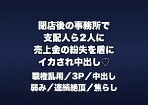 閉店後のレストランの事務所で総支配人ら2人に「売上金の紛失を揉み消す条件」と応接椅子でイカされ続け中出しされるホール係の話♡♡♡