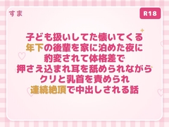 子ども扱いしてた懐いてくる年下の後輩を家に泊めた夜に豹変されて体格差で押さえ込まれ耳を舐められながらクリと乳首を責められ連続絶頂で中出しされる話 [すま]