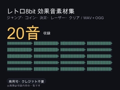 レトロ8bit 効果音素材集 20点|ジャンプ・コイン・決定・レーザー・クリア/WAV+OGG・商用可 [ゆくて舎]