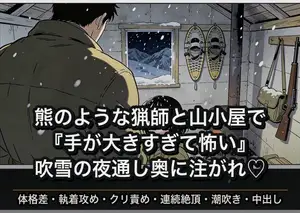 畑を荒らす獣を獲りに来た熊のような猟師と山小屋で吹雪をやり過ごす間『手が大きすぎて怖い』と怯えられながら夜通し奥に注がれ孕まされた話