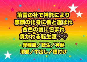 落雷の社で神託により麒麟の化身に番と選ばれ、金色の鬣に包まれ瑞雲の御座で『我が唯一だ』と組み敷かれ孕むまで貫かれる転生神楽姫の話♡♡♡