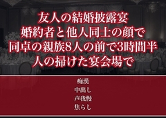 友人の披露宴で婚約者と他人同士の顔で座ったOLが同じ円卓の親族8人の前で3時間半クロスの下に指を這わされ人の掃けた宴会場で孕むまで出された話 [たんぽぽぽぽぽ]