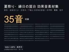夏祭り・縁日の屋台 効果音素材集 35音|射的・金魚すくい・かき氷・ラムネ/下駄と玉砂利の参道/本坪鈴・賽銭・柏手|WAV+MP3・商用可 [ゆくて舎]