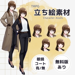 【TRPG立ち絵素材】茶髪のスーツ女子 ー 表情差分5種×眼鏡有無×コート有無 計24枚/透過PNG(商用・配信OK)