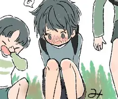 野糞しようとした子がいじめっ子に見つかって邪魔されて漏らす絵