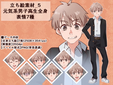 立ち絵素材_5(元気系男子高生全身、表情7種) [Rio's Atelier]