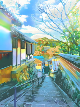 古風な日本家屋の通りと階段【背景素材_夕方差分+空くり抜きセット】 [Re;creating_world]