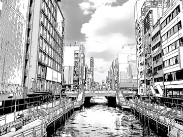 道頓堀1/漫画背景【PSDファイル+トーンと線画セット】 [Re;creating_world]